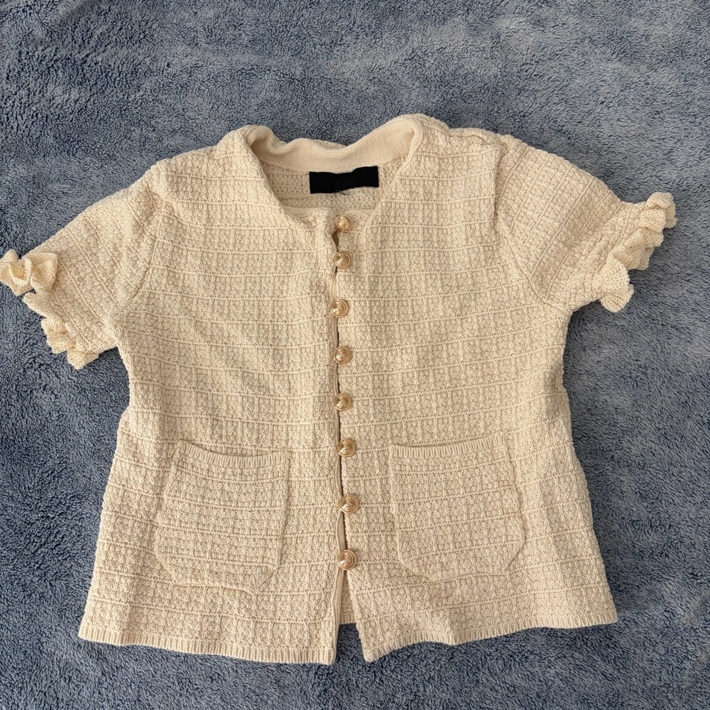 Zara Cream Textured Short Sleeve Top